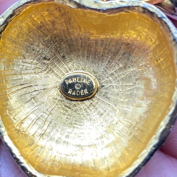 Vtg Pauline Rader Signed Gold-Tone Apple Pendant Blue Enamel Leaves Statement - Picture 3 of 10